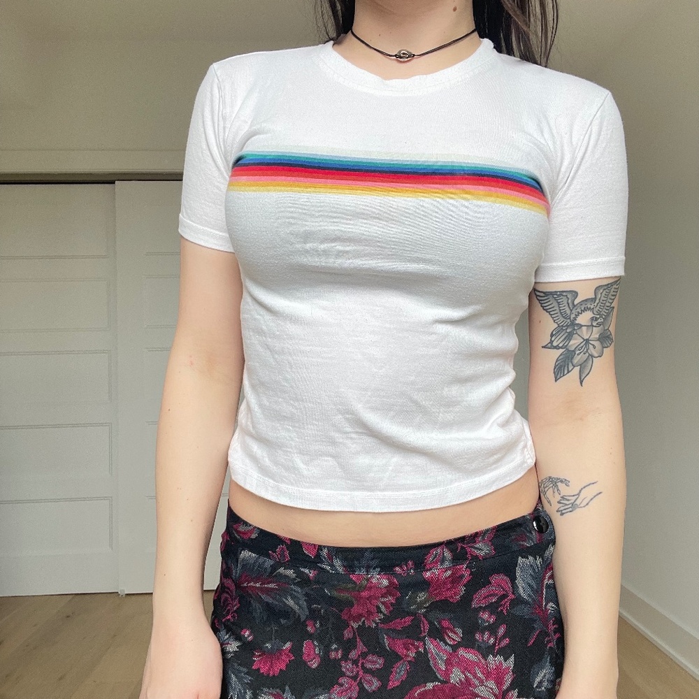 John Galt Brandy Melville White Rainbow Stripe Short Sleeve Baby Tee